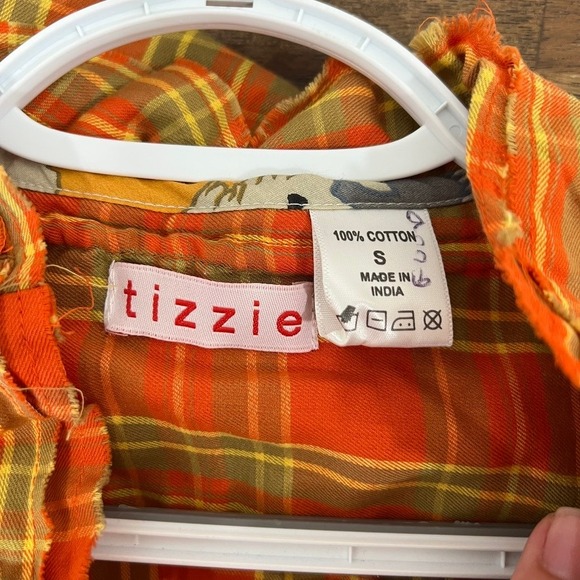 Tizzie Womens Shirt Small Orange Plaid‎ Button Front Ruffle Cotton Long Sleeve - Picture 5 of 6